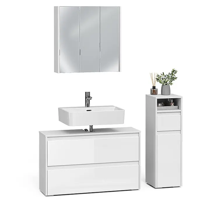 Badmöbel-Set Majest 100 cm Weiß Hochglanz Art.-Nr. 71734 -  - Weißes Badezimmer-Waschtischset mit Spiegelschrank, Waschbecken mit Armatur, Unterschrank und hohem Seitenschrank.