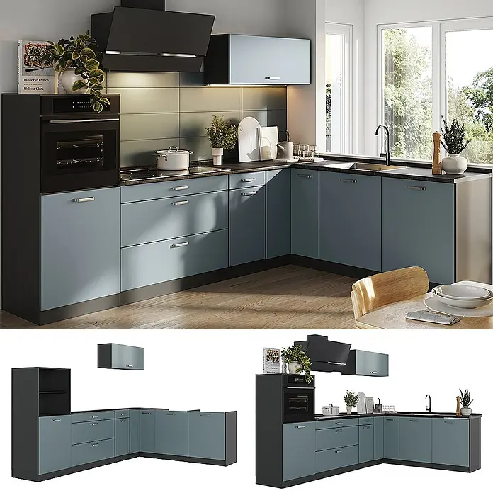 Eckküche R-Line 287 cm Blau-Grau Art.-Nr. 67525 -  - Moderne L-förmige Küche mit blau-grauen Schränken, dunkelgrauen Rahmen und integriertem Ofen.