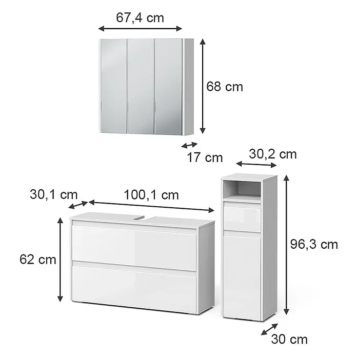 Badmöbel-Set Majest 100 cm Weiß Hochglanz Art.-Nr. 71734 -  - Weißes Hochglanz Badmöbelset mit Spiegelschrank, Waschtischunterschrank und Hochschrank.