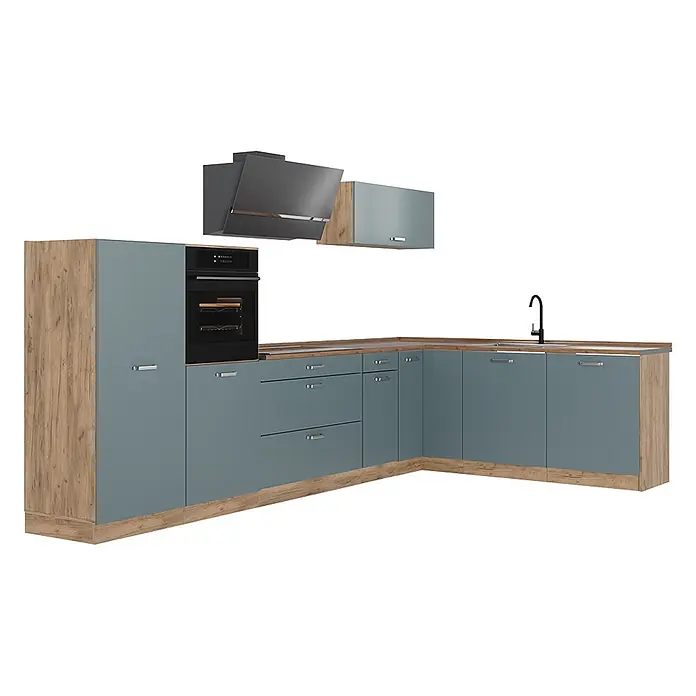 Eckküche R-Line 347 cm Blau-Grau Art.-Nr. 67610 -  - Modernes L-förmiges Küchenset mit blau-grauen Schränken, Holzdetails, Einbaubackofen, Dunstabzugshaube und Spüle.