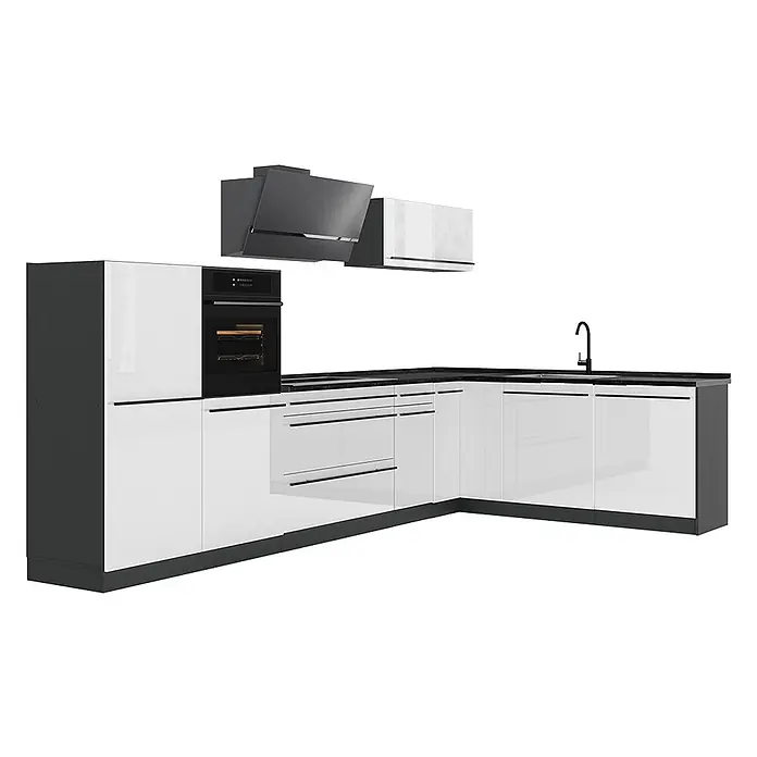 Eckküche R-Line 347 cm Weiß Hochglanz Art.-Nr. 66833 -  - Moderne L-förmige Küche mit weißen Hochglanzschränken, schwarzen Arbeitsplatten, integriertem Ofen und Dunstabzugshaube.