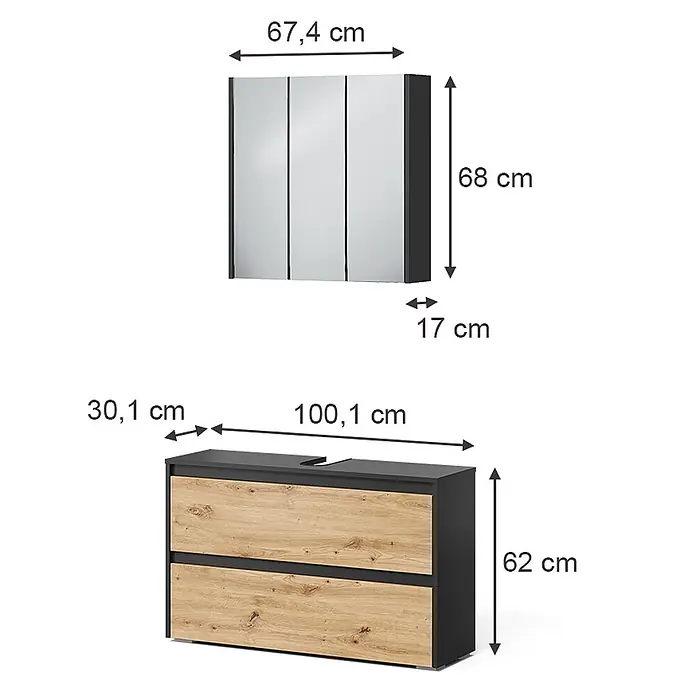 Badmöbel-Set Majest 100 cm Anthrazit Art.-Nr. 71725 -  - Dunkelgrauer Badezimmerspiegelschrank mit drei Türen und passender Waschtischunterschrank mit Holzoptik-Schubladen.