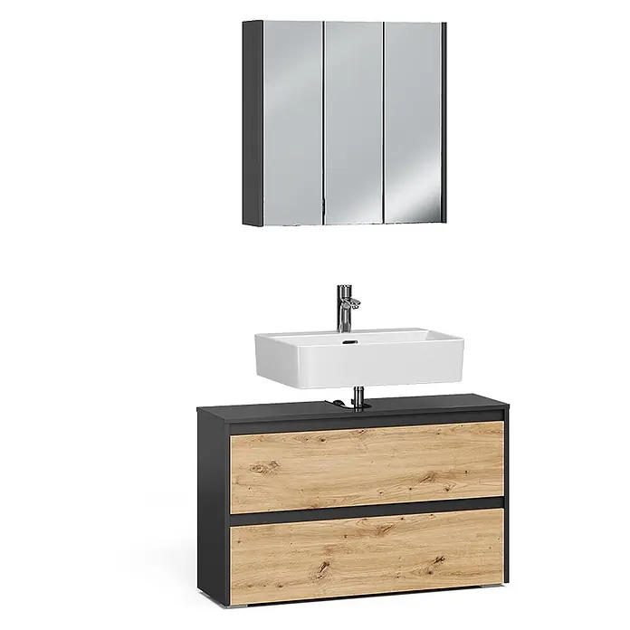 Badmöbel-Set Majest 100 cm Anthrazit Art.-Nr. 71725 -  - Badezimmerset: dunkelgrauer Spiegelschrank, weißes Waschbecken mit Chromarmatur, dunkelgrauer Unterschrank mit zwei Schubladen in Holzoptik.