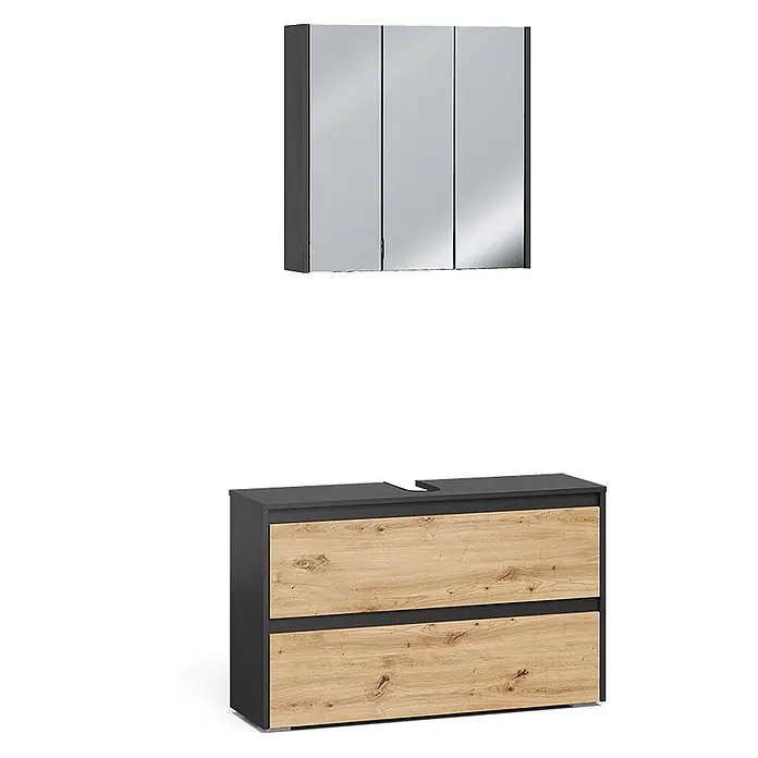 Badmöbel-Set Majest 100 cm Anthrazit Art.-Nr. 71725 -  - Badezimmerset: Dunkelgrauer Spiegelschrank mit 3 Türen und Waschtischunterschrank mit 2 Holzschubladen.