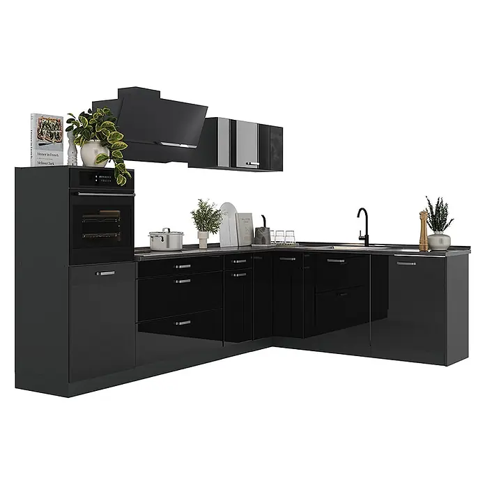 Eckküche R-Line 287 cm Schwarz Hochglanz Art.-Nr. 66758 -  - Eine moderne L-förmige Küchenzeile in Schwarz Hochglanz mit integriertem Backofen, Kochfeld, Spüle und Hängeschränken.