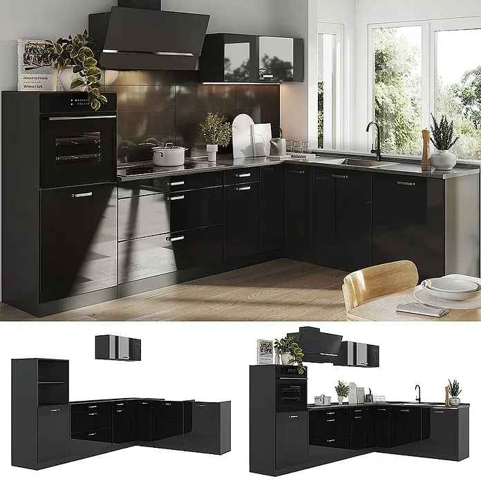 Eckküche R-Line 287 cm Schwarz Hochglanz Art.-Nr. 66758 -  - L-förmige, glänzend schwarze Küchenzeile mit integriertem Backofen, Kochfeld und Spüle, ideal für moderne Küchen.