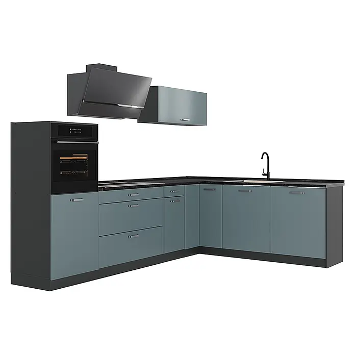 Eckküche R-Line 287 cm Blau-Grau Art.-Nr. 67525 -  - L-förmige Küchenzeile mit blaugrauen Schränken, dunkelgrauen Arbeitsplatten, integriertem Backofen, Dunstabzugshaube und Spüle.