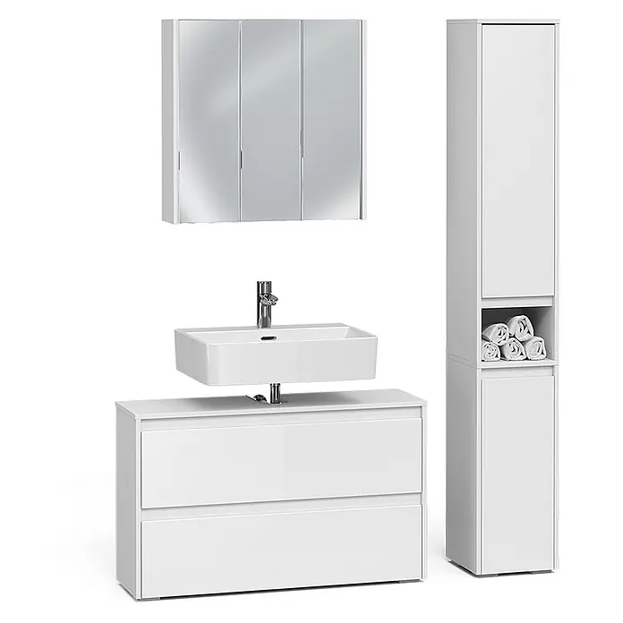 Badmöbel-Set Majest 100 cm Weiß Hochglanz Art.-Nr. 71735 -  - Weißes Badmöbel-Set mit schwebendem Waschbecken, Waschtischunterschrank, Spiegelschrank und hohem Schrank mit Handtüchern.