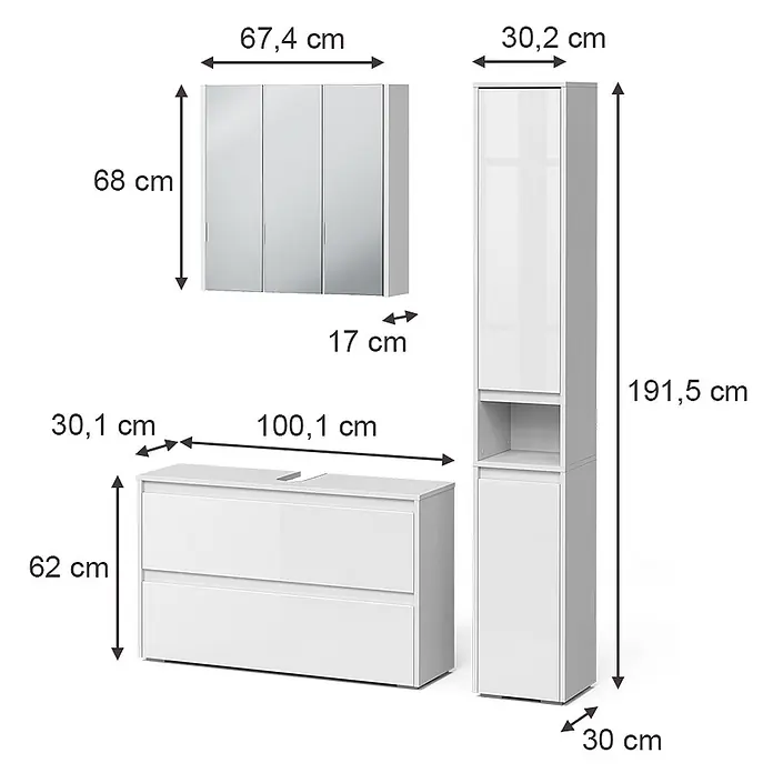 Badmöbel-Set Majest 100 cm Weiß Hochglanz Art.-Nr. 71735 -  - Weißes Badmöbelset: Waschtischunterschrank, Spiegelschrank, Hochschrank. Modernes Design.