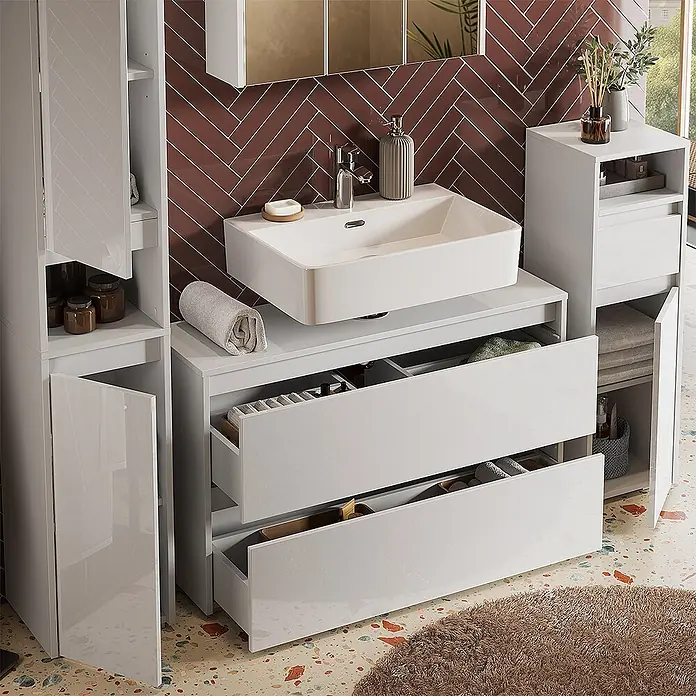 Badmöbel-Set Majest 100 cm Weiß Hochglanz Art.-Nr. 71736 -  - Weißes glänzendes Badmöbel-Set mit rechteckigem Waschbecken, ausziehbaren Schubladen und integrierten Seiten-Schränken.