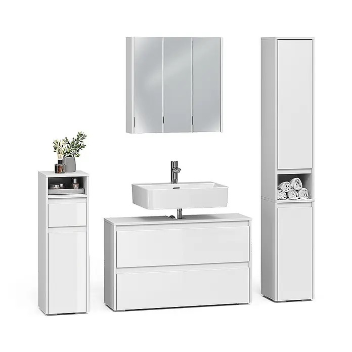 Badmöbel-Set Majest 100 cm Weiß Hochglanz Art.-Nr. 71736 -  - Weißes Badmöbel-Set mit Waschtisch, Waschbecken, Spiegelschrank und zwei Hochschränken.
