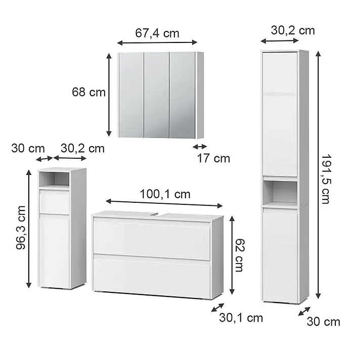 Badmöbel-Set Majest 100 cm Weiß Hochglanz Art.-Nr. 71736 -  - Weißes Badmöbel-Set mit Spiegelschrank, Waschtischunterschrank und zwei Hochschränken, alle Maße sind sichtbar.
