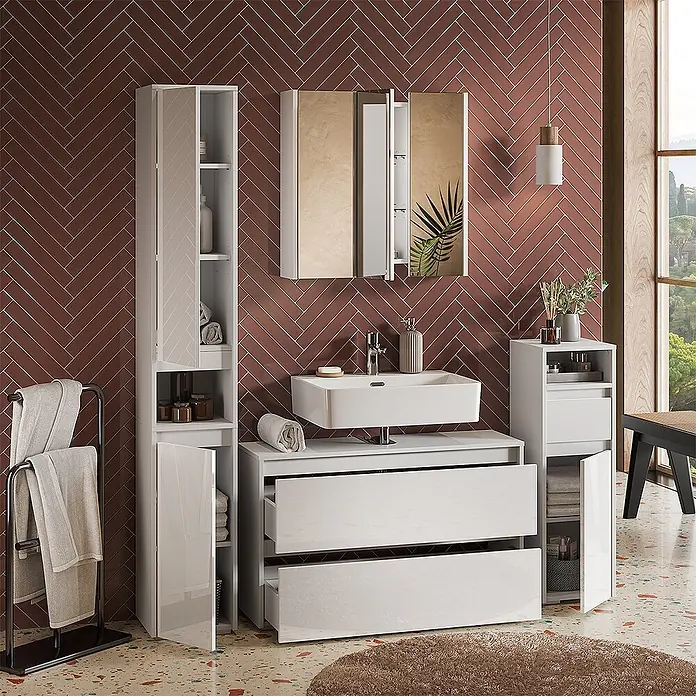 Badmöbel-Set Majest 100 cm Weiß Hochglanz Art.-Nr. 71736 -  - Weißglänzende Badmöbelgarnitur mit Waschbecken, Hochschrank und Spiegelschrank.