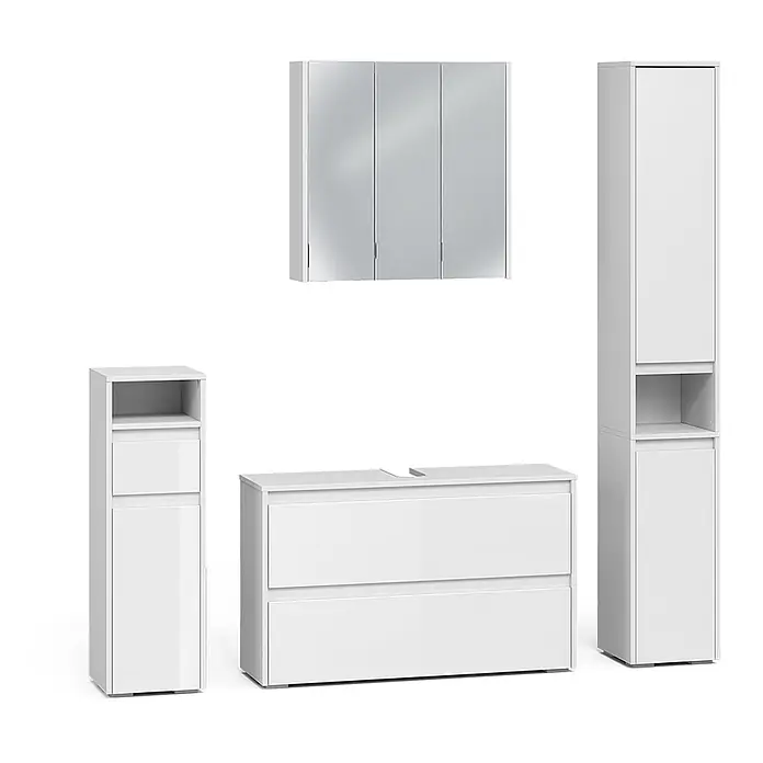 Badmöbel-Set Majest 100 cm Weiß Hochglanz Art.-Nr. 71736 -  - Weißes, glänzendes Badmöbel-Set: Spiegelschrank, Waschtischunterschrank mit Schubladen und zwei Aufbewahrungsschränke.