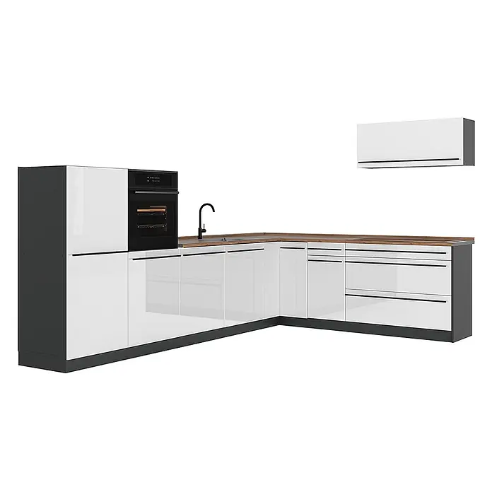 Eckküche R-Line 327 cm Weiß Hochglanz Art.-Nr. 66790 -  - Moderne L-förmige Küche mit hochglänzenden weißen Schränken, dunkelgrauen Seiten, Holzarbeitsplatte, integriertem Ofen, Spüle und Kochfeld, Hängeschrank.