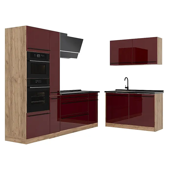Eckküche R-Line 230 cm Rot Hochglanz Art.-Nr. 66725 -  - Moderne Küche mit glänzend weinroten und Holzdekor-Schränken, schwarzen Arbeitsplatten, Einbauofen, Mikrowelle, Dunstabzug und Spüle.