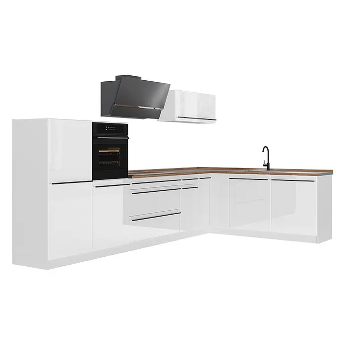 Eckküche R-Line 347 cm Weiß Hochglanz Art.-Nr. 66862 -  - L-förmige weiße Küche mit Einbauofen, Spüle, dunkler Dunstabzugshaube und Holzplatte.