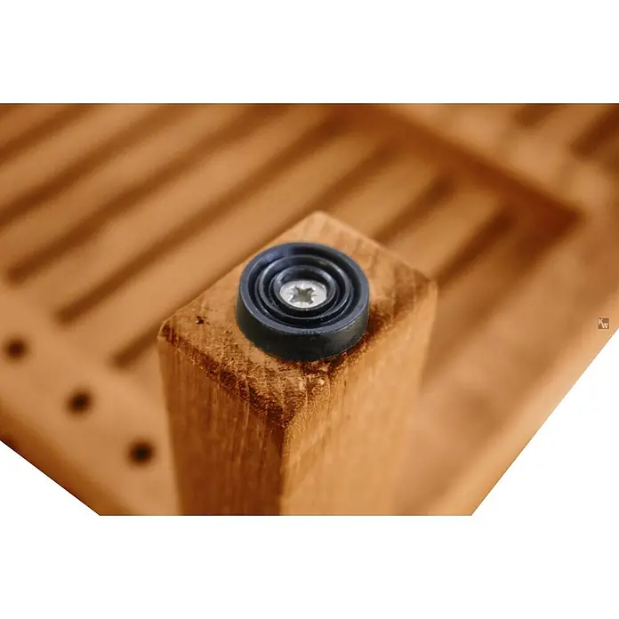 Badregal Holz Nevio Teak Massivholz ideal für Feuchträume 40 x 40 cm -  - Schwarzer, runder Gummifuß mit konzentrischen Ringen, mit einer Kreuzschlitzschraube an einem Holzmöbelbein befestigt.