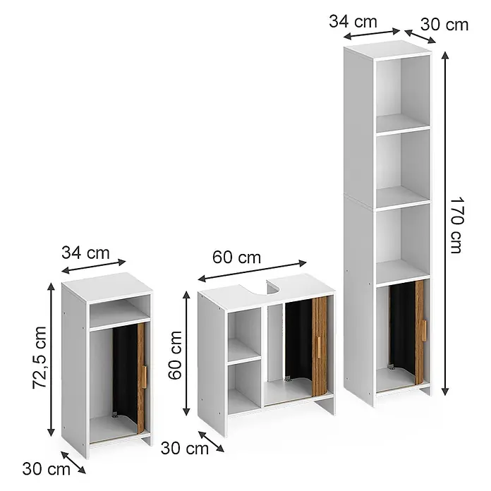 Badmöbel-Set Norea 60 cm Eiche Art.-Nr. 65829 -  - Dreiteiliges, weißes, modulares Badmöbel-Set mit Naturholz-Akzenten und Maßangaben.