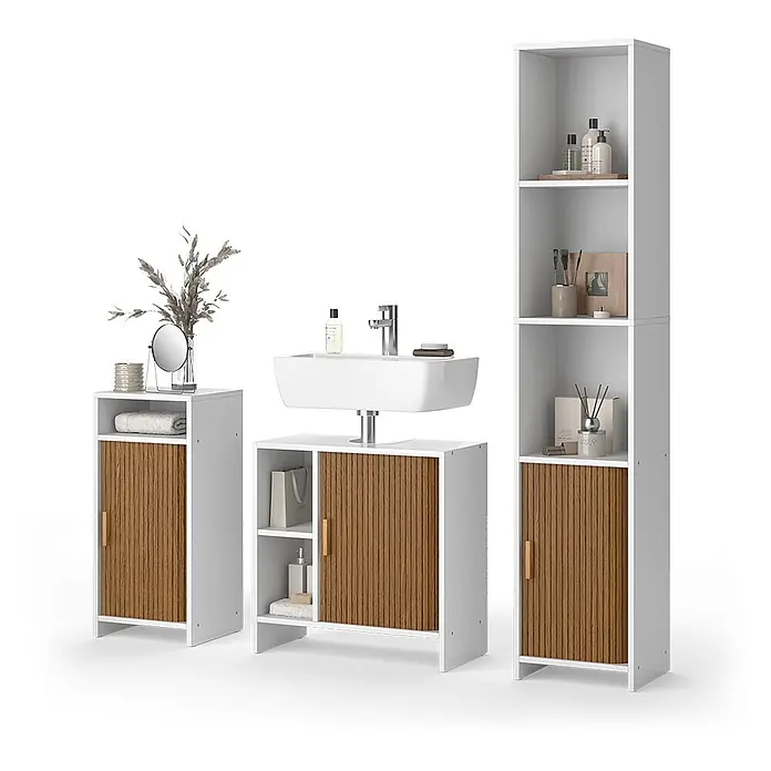 Badmöbel-Set Norea 60 cm Eiche Art.-Nr. 65829 -  - Weißes Badezimmermöbelset mit Holzlamellentüren, bestehend aus Hochschrank, Waschtischunterschrank und Beistellschrank.