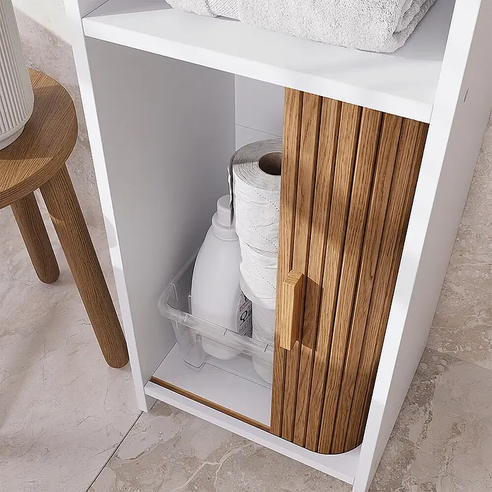 Badmöbel-Set Norea 60 cm Eiche Art.-Nr. 65829 -  - Weißer Badschrank mit natürlicher Holzlamellen-Rollladentür, zur Aufbewahrung von Badutensilien.