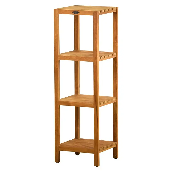 Badregal Holz Mariella Teak Massivholz ideal für Feuchträume 128 cm hoch -  - Natürliches Teakholz-Standregal mit vier Ablagen und Lattenböden.