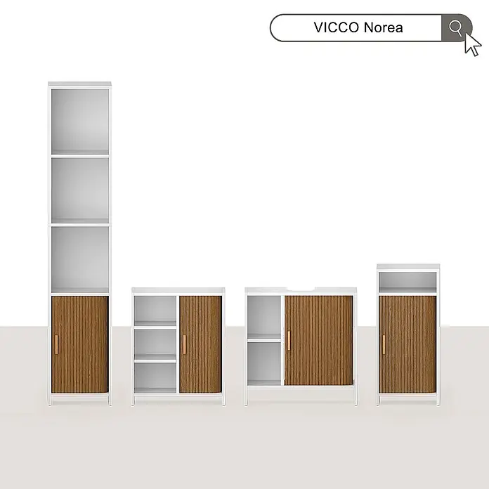 Badmöbel-Set Norea 60 cm Eiche Art.-Nr. 65829 -  - Set aus weißen Regalen und Schränken mit Lamellentüren aus Naturholz in verschiedenen Höhen und Konfigurationen.