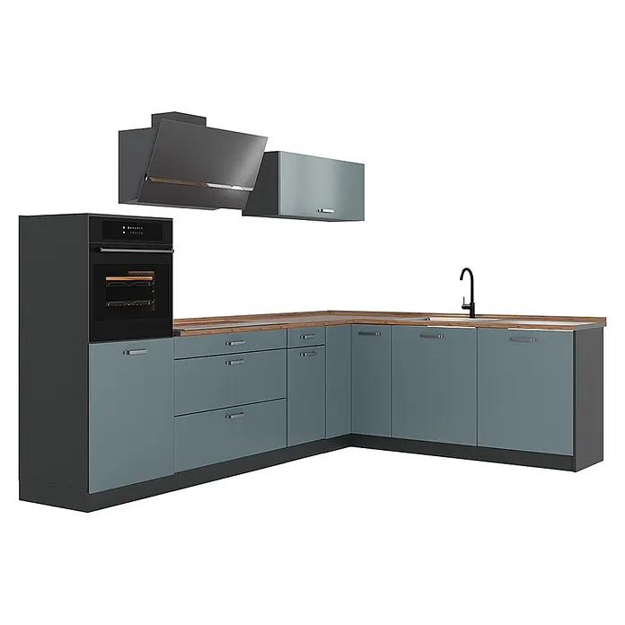Eckküche R-Line 287 cm Blau-Grau Art.-Nr. 67526 -  - Eckküche mit blaugrauen Unter- und Oberschränken, anthrazitfarbenem Hochschrank mit Backofen, Holzoptik-Arbeitsplatte, Spüle und Dunstabzugshaube.