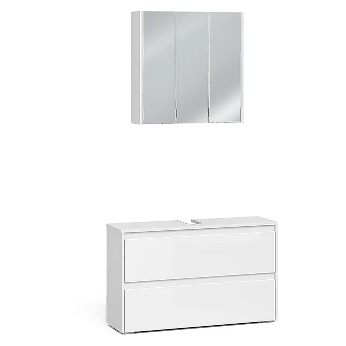 Badmöbel-Set Majest 100 cm Weiß Hochglanz Art.-Nr. 71733 -  - Weißer Badunterschrank mit zwei Schubladen und passendem Spiegelschrank.