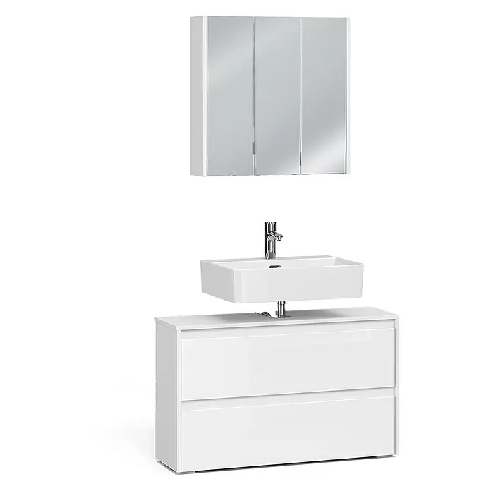 Badmöbel-Set Majest 100 cm Weiß Hochglanz Art.-Nr. 71733 -  - Weißer Badezimmerschrank mit zwei Schubladen, rechteckigem Waschbecken, Chromarmatur und Spiegelschrank.