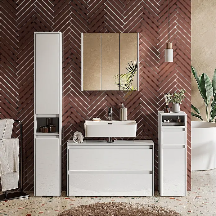 Badmöbel-Set Majest 100 cm Weiß Hochglanz Art.-Nr. 71736 -  - Modernes weißes Badmöbel-Set mit Waschtisch, Hochschrank und schmalem Aufbewahrungsschrank.