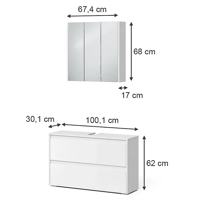 Badmöbel-Set Majest 100 cm Weiß Hochglanz Art.-Nr. 71733 -  - Weiße hochglänzende Badmöbel: ein dreitüriger Spiegelschrank und ein Waschtischunterschrank mit zwei Schubladen und Beckenausschnitt.