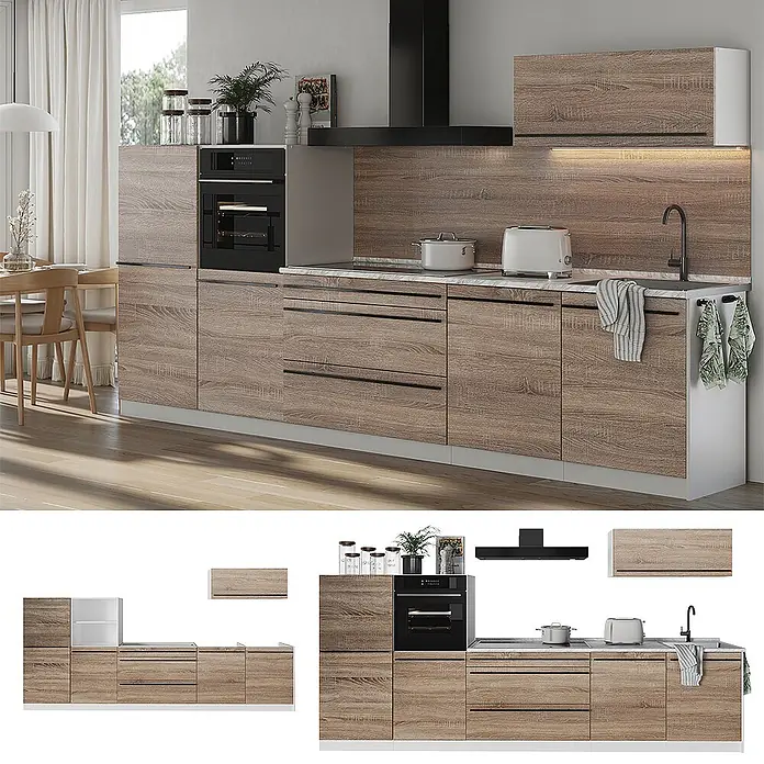 Küchenzeile R-Line 340 cm Sonoma Art.-Nr. 67323 -  - Moderne Holzeffekt-Küchenzeile mit schwarzen Geräten, Backofen, Kochfeld und Spüle, in einer funktionalen Küchenumgebung.
