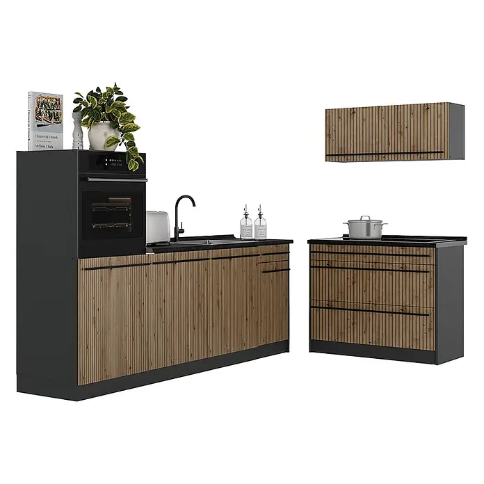 Küchenzeile R-Line 220 cm Artisan-Eiche Art.-Nr. 67413 -  - Moderne Küchenschränke mit dunkelgrauen Rahmen und Fronten aus natürlichem Holzlamellen, inklusive Ofen, Spüle und Hängeschrank.