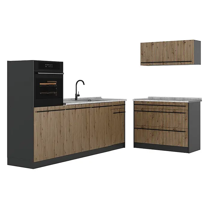 Küchenzeile R-Line 220 cm Artisan-Eiche Art.-Nr. 67416 -  - Modulare Küchenzeile mit Holzlamellenfronten, schwarzen Griffen und hellen Arbeitsplatten. Mit Ofen, Spüle und Schränken.