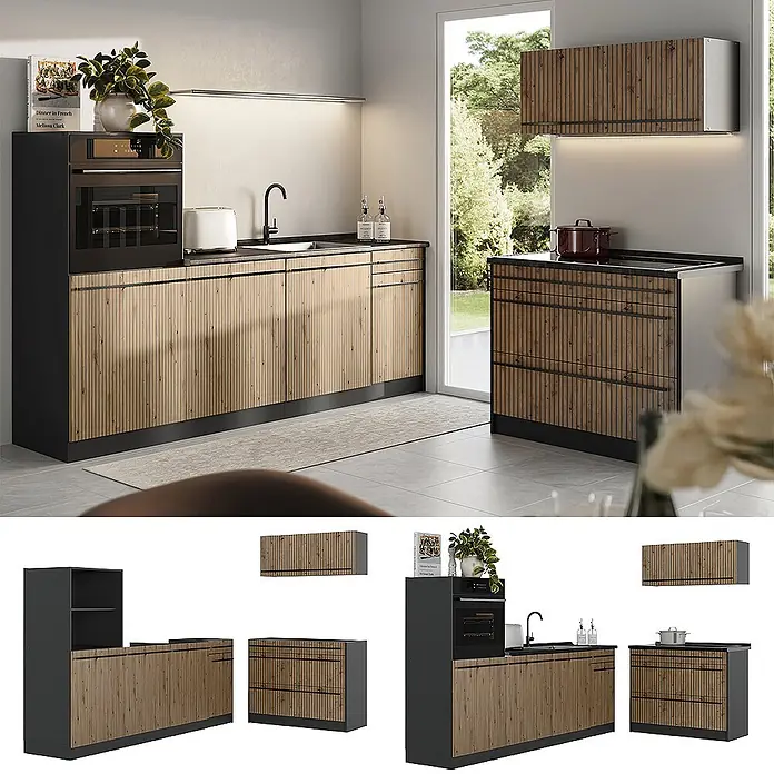Küchenzeile R-Line 220 cm Artisan-Eiche Art.-Nr. 67413 -  - Moderne Küchenzeile mit hellen geriffelten Holzfronten, schwarzen Rahmen, Spüle, Backofen und Kochfeld.