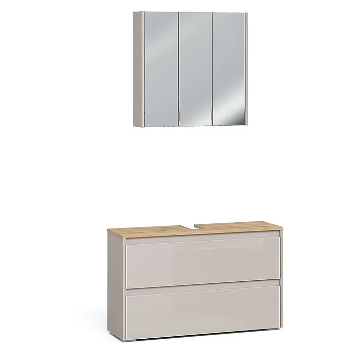 Badmöbel-Set Majest 100 cm Cashmere Art.-Nr. 71729 -  - Hellgrauer Hochglanz-Waschtisch mit heller Holzplatte und passendem Spiegelschrank mit drei Türen.