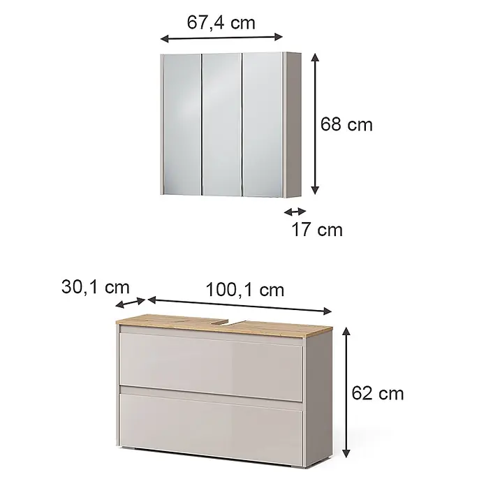 Badmöbel-Set Majest 100 cm Cashmere Art.-Nr. 71729 -  - Hellgrauer Badunterschrank mit Holzplatte und zwei Schubladen, dazu passender Spiegelschrank.
