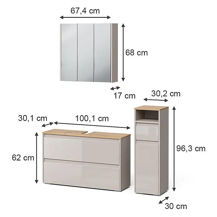 Badmöbel-Set Majest 100 cm Cashmere Art.-Nr. 71730 -  - Helles graues Badmöbelset: Spiegelschrank, Waschtischunterschrank mit Holzplatte und Hochschrank, alle mit Maßen.