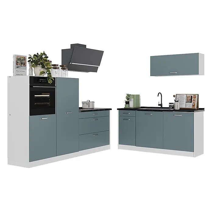 Küchenzeile R-Line 220 cm Blau-Grau Art.-Nr. 67111 -  - Modulare Küchenzeile mit blaugrauen Schränken, weißen Akzenten, integriertem Backofen, Spüle und Dunstabzugshaube.