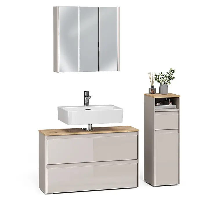 Badmöbel-Set Majest 100 cm Cashmere Art.-Nr. 71730 -  - Helles beiges Badezimmer-Waschtischset mit Waschbecken, Unterschrank mit Holzplatte, hohem Seitenschrank und Spiegelschrank.