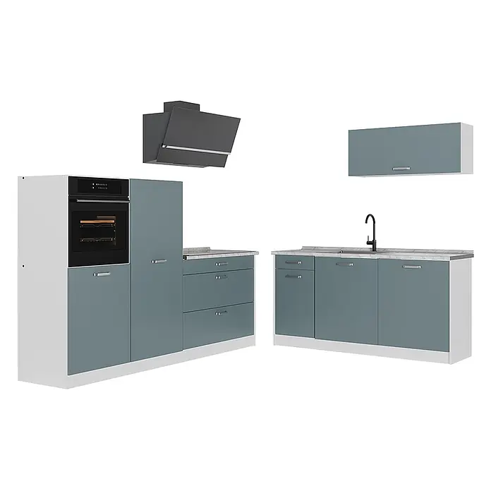 Küchenzeile R-Line 220 cm Blau-Grau Art.-Nr. 67111 -  - Modulare Küche in Petrolblau und Weiß, mit integriertem Backofen, Spüle, verschiedenen Schränken und Dunstabzugshaube.