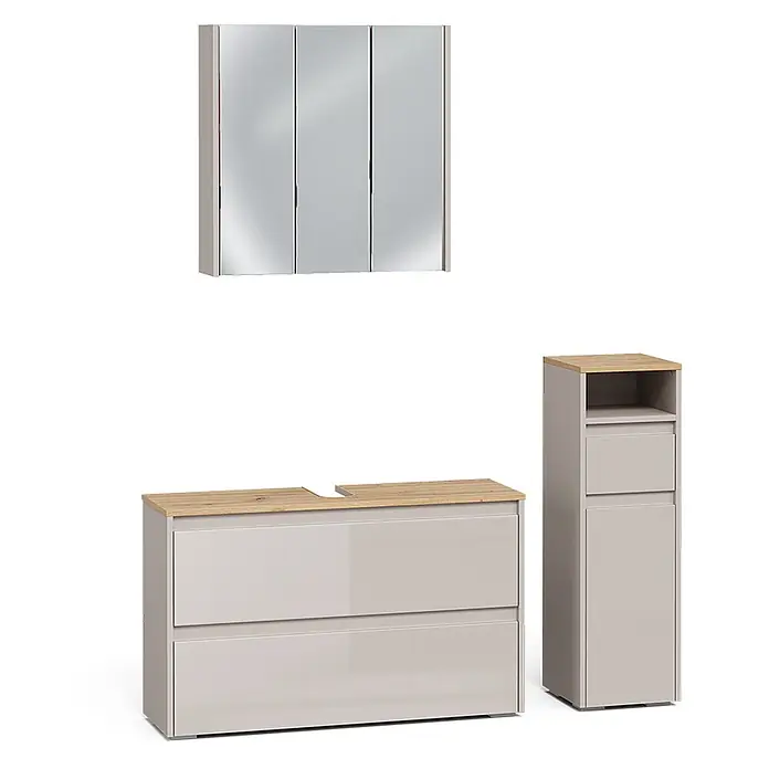 Badmöbel-Set Majest 100 cm Cashmere Art.-Nr. 71730 -  - Modernes Badmöbelset in Hellgrau mit Holzplatten: ein Spiegelschrank, ein Waschtischunterschrank mit zwei Schubladen und ein hoher Hochschrank.