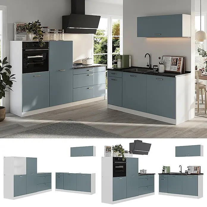 Küchenzeile R-Line 220 cm Blau-Grau Art.-Nr. 67111 -  - Moderne Modulküche in Weiß und Blaugrau mit Unterschränken, Ofeneinheit und Spülbecken in heller Küche.
