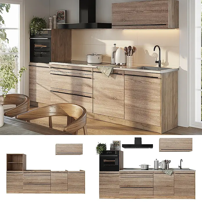 Küchenzeile R-Line 280 cm Sonoma Art.-Nr. 67262 -  - Moderne Küchenzeile in heller Holzoptik mit dunklen Griffen, integriertem Backofen, Kochfeld, Spüle und Dunstabzugshaube.
