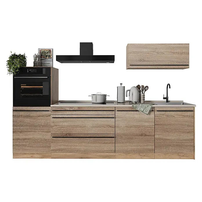Küchenzeile R-Line 280 cm Sonoma Art.-Nr. 67262 -  - Moderne Küchenzeile mit hellen Holzoptik-Schränken, schwarzem Einbaubackofen, Dunstabzugshaube und Spüle. Inklusive Arbeitsplatte und Schubladen.