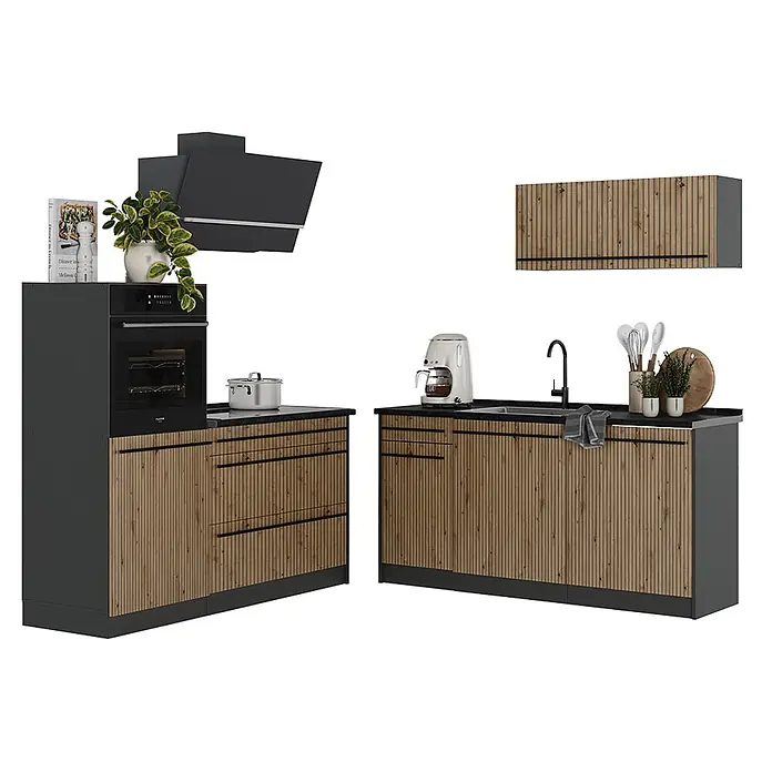 Küchenzeile R-Line 160 cm Artisan-Eiche Art.-Nr. 66897 -  - Moderne Küchenzeile mit dunkelgrauen Schränken und hellbraunen Lattenfronten in Holzoptik, inklusive Backofen, Kochfeld und Spüle.