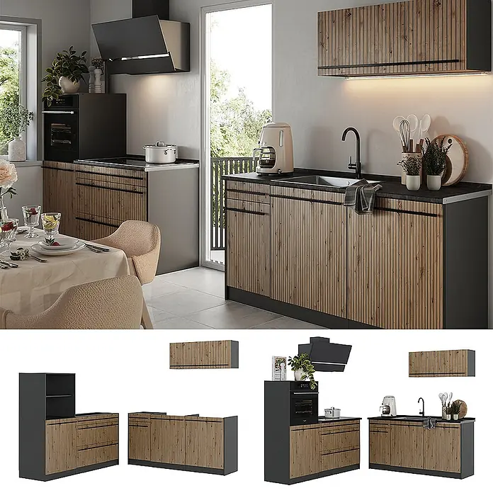 Küchenzeile R-Line 160 cm Artisan-Eiche Art.-Nr. 66897 -  - Moderne Küchenzeile mit Lamellenfronten in Holzoptik und dunkelgrauen Elementen. Mit integriertem Ofen, Spüle und Stauraum.