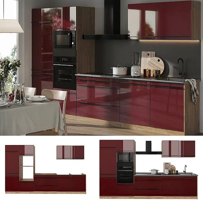 Küchenzeile R-Line 340 cm Rot Hochglanz Art.-Nr. 66573 -  - Moderne Küche mit hochglänzenden bordeauxroten Schränken und dunklem Holz, integrierten Geräten, Spüle und Essbereich.