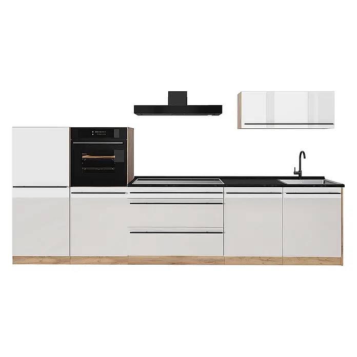 Küchenzeile R-Line 340 cm Weiß Hochglanz Art.-Nr. 66537 -  - Moderne Küchenzeile mit weißen Schränken, schwarzer Arbeitsplatte, integriertem Backofen, Kochfeld, Spüle und schwarzer Dunstabzugshaube. Holzsockel und Akzente.
